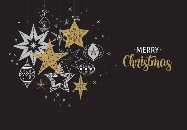 Çizilen illüstrasyon el zarif Merry Christmas arka plan, afiş ve tebrik kartı, kar taneleri, yıldız, Xmas süslemeleri, toplama — Stok Vektör