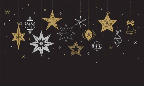 Fondo elegante de la Feliz Navidad, bandera y tarjeta de felicitación, colección de copos de nieve, estrellas, decoraciones de Navidad, ilustración dibujada a mano — Vector de stock