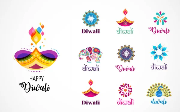 Счастливого индуистского праздника Дивали, элементы, набор логотипов. Иллюстрация пылающей дийи, фестиваль света в Индии — стоковый вектор
