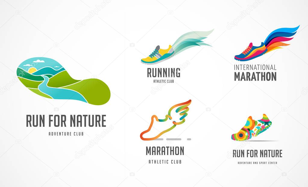 Run icon, symbol, running marathon poster, logo and icon collection