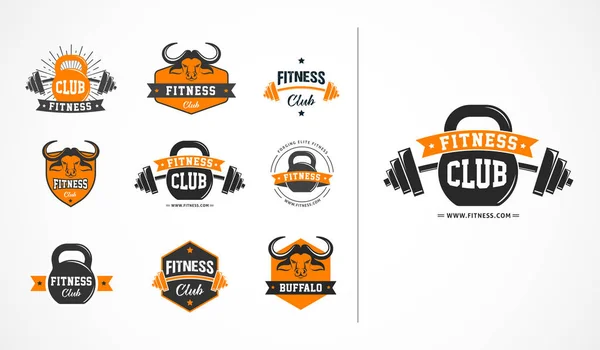 Club de fitness, o logotipo del gimnasio, emblema, colecciones de iconos — Vector de stock