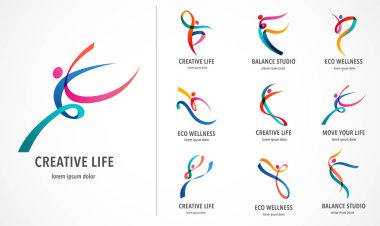 Soyut insan logosu tasarımı. Spor salonu, spor salonu, çalıştırıcı vektör renkli logo. Etkin Fitness, spor, dans web simgesi ve sembol