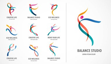 Soyut insan logosu tasarımı. Spor salonu, spor salonu, çalıştırıcı vektör renkli logo. Etkin Fitness, spor, dans web simgesi ve sembol