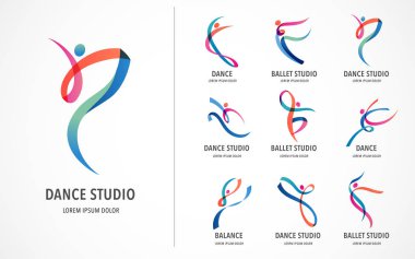 Soyut insan logosu tasarımı. Spor salonu, spor salonu, çalıştırıcı vektör renkli logo. Etkin Fitness, spor, dans web simgesi ve sembol