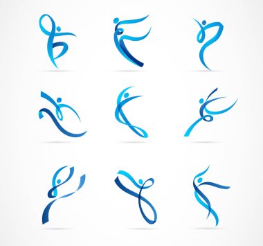 Soyut insan logosu tasarımı. Spor salonu, spor salonu, çalıştırıcı vektör renkli logo. Etkin Fitness, spor, dans web simgesi ve sembol