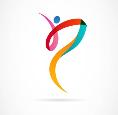 Soyut insan figürü logo tasarımı. Spor salonu, fitness, çalışan trainer vektör renkli logosu. Aktif Fitness, spor, dans web simgesi ve sembolü