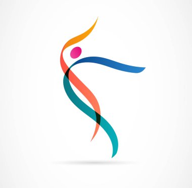 Soyut insan figürü logo tasarımı. Spor salonu, fitness, çalışan trainer vektör renkli logosu. Aktif Fitness, spor, dans web simgesi ve sembolü