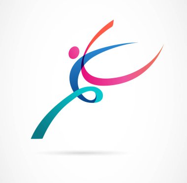 Soyut insan figürü logo tasarımı. Spor salonu, fitness, çalışan trainer vektör renkli logosu. Aktif Fitness, spor, dans web simgesi ve sembolü