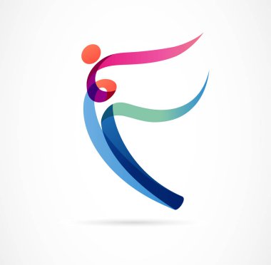 Soyut insan figürü logo tasarımı. Spor salonu, fitness, çalışan trainer vektör renkli logosu. Aktif Fitness, spor, dans web simgesi ve sembolü