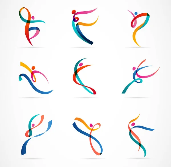 Diseño abstracto del logotipo de la gente. Gimnasio, fitness, correr entrenador vector colorido logotipo. Aptitud Activa, deporte, danza icono web y símbolo — Vector de stock