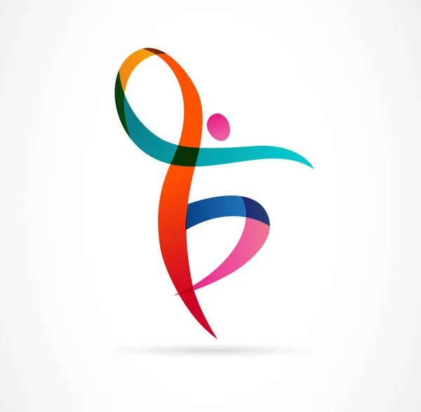 Σχεδιασμός λογότυπου αφηρημένη ανθρώπινη φιγούρα. Γυμναστήριο, σε φόρμα, τρέξιμο trainer διανυσματικά πολύχρωμο logo. Ενεργό γυμναστήριο, Αθλητισμός, εικονίδιο web χορού και σύμβολο — Διανυσματικό Αρχείο