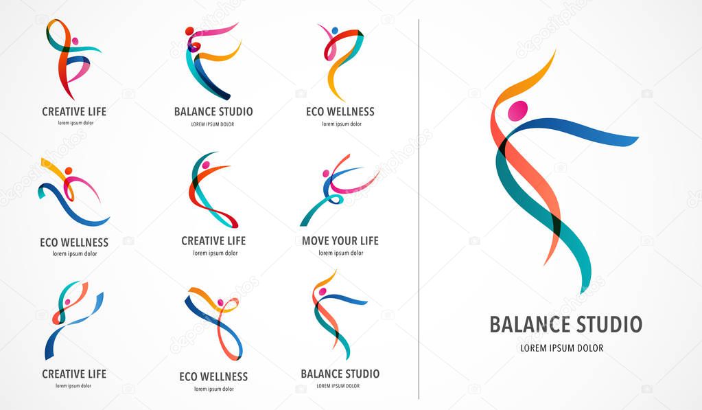 Abstract people logo design set. Gym, fitness, running trainer vector colorful logo. Active Fitness, sport, dance web icon and symbol