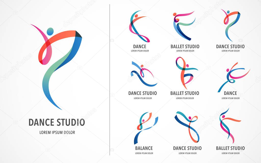 Abstract people logo design set. Gym, fitness, running trainer vector colorful logo. Active Fitness, sport, dance web icon and symbol