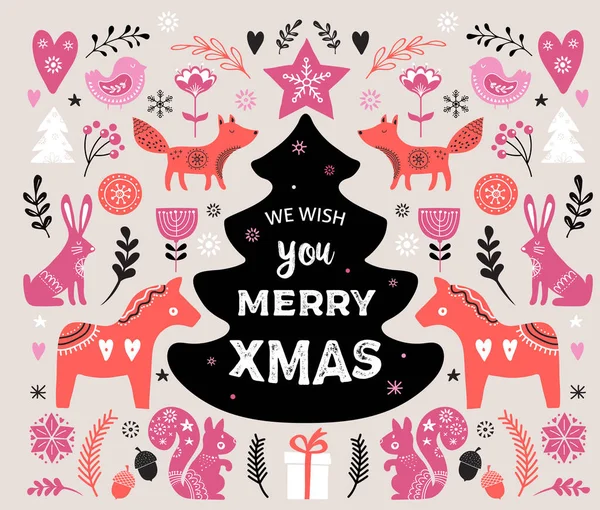 Illustrations de Noël, éléments dessinés à la main dans le style scandinave — Image vectorielle