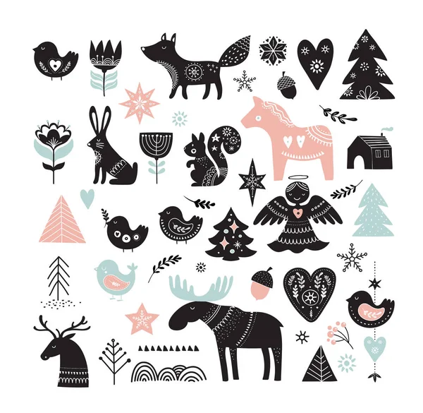 Ilustraciones navideñas, diseño de pancartas elementos dibujados a mano en estilo escandinavo — Vector de stock