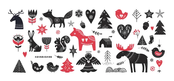 Kerst illustraties, spandoekontwerp hand getekende elementen in Scandinavische stijl — Stockvector