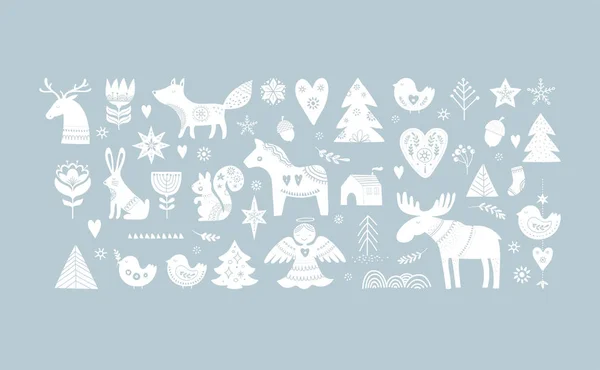 Kerst illustraties, spandoekontwerp hand getekende elementen in Scandinavische stijl — Stockvector