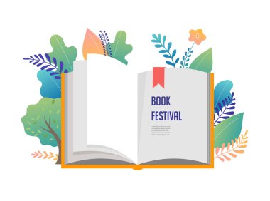 Festival kavramı kitap - bir grup küçük insanların büyük bir açık kitap okuma. Vektör çizim, poster ve başlık sayfası
