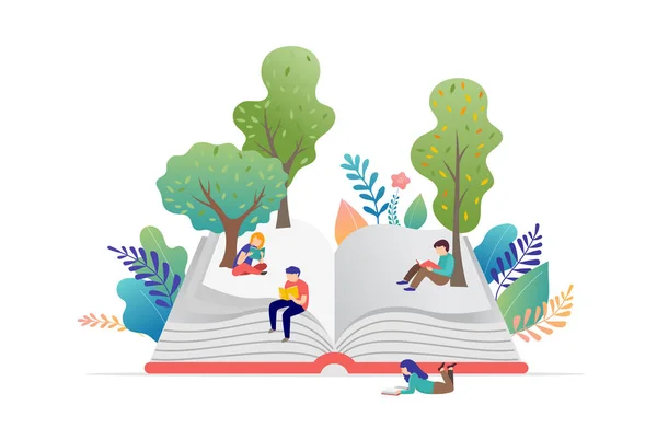 Ilustração Conceito Festival Livro Grupo Pessoas Minúsculas Lendo Livro Aberto — Vetor de Stock