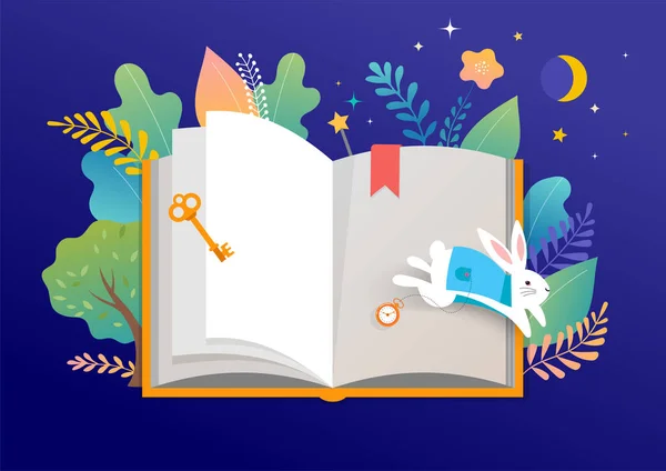 Boek festival concept - een groep van kleine mensen het lezen van een enorme open boek. Vectorillustratie, poster en banner — Stockvector