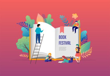 Festival kavramı kitap - bir grup küçük insanların büyük bir açık kitap okuma. Vektör çizim, poster ve başlık sayfası