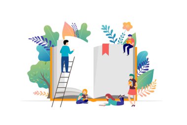 Festival kavramı kitap - bir grup küçük insanların büyük bir açık kitap okuma. Vektör çizim, poster ve başlık sayfası