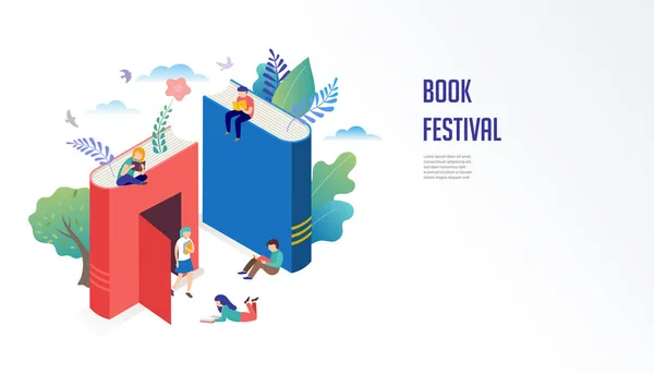 Conceito de festival de livros - um grupo de pessoas minúsculas lendo um enorme livro aberto. Ilustração vetorial, cartaz e banner — Vetor de Stock