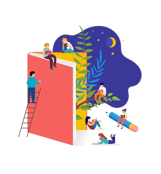 Concept de festival du livre - un groupe de personnes minuscules lisant un énorme livre ouvert. Illustration vectorielle, affiche et bannière — Image vectorielle