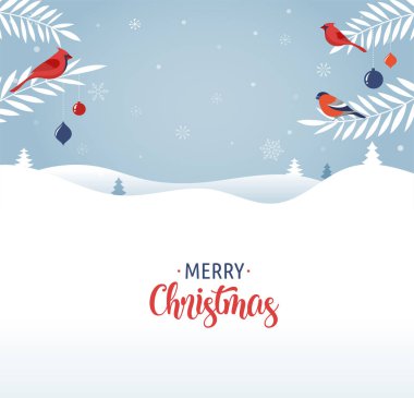 Merry Christmas tebrik kartı, afiş ve arka planda kış manzarası ile şık, modern ve klasik stili
