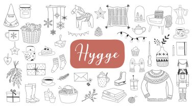 Nordic, İskandinav kış öğeleri ve Hygge konsept tasarımı, neşeli Noel kartı, afiş, arka plan