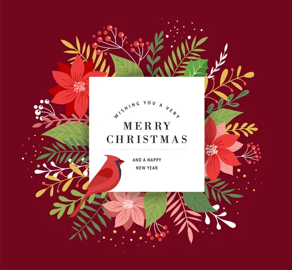 メリー クリスマス グリーティング カード、バナーや葉、エレガント、モダンでクラシックなスタイルで背景の花し、鳥 — ストックベクタ