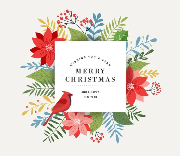 Merry Christmas wenskaart, banner en achtergrond in klassiek, elegante en moderne stijl met bladeren, bloemen en vogels — Stockvector