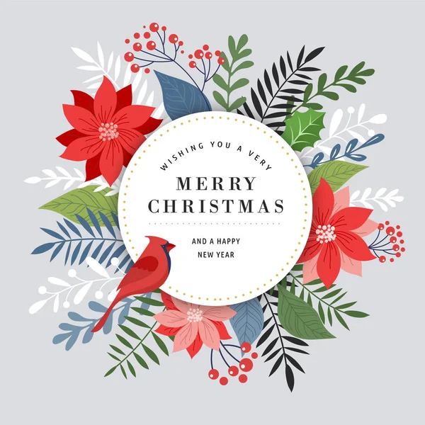 Buon Natale biglietto di auguri, banner e sfondo in stile elegante, moderno e classico con foglie, fiori e uccelli — Vettoriale Stock
