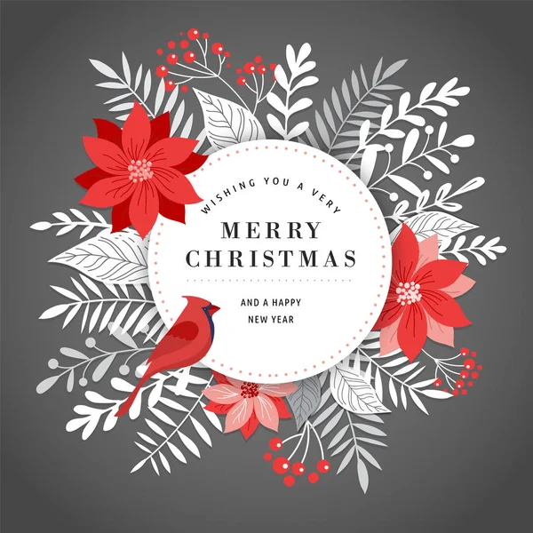 Merry Christmas wenskaart, banner en achtergrond in klassiek, elegante en moderne stijl met bladeren, bloemen en vogels — Stockvector