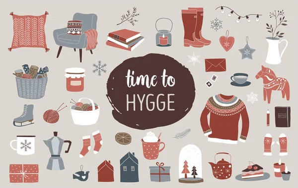 Nordic, skandináv téli elemek és Hygge koncepcióterv, Merry Christmas card, banner, háttér — Stock Vector