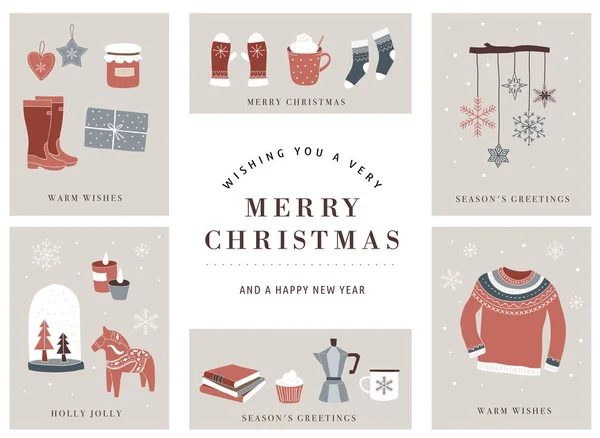 Nordic, skandináv téli elemek és Hygge koncepcióterv, Merry Christmas card, banner, háttér — Stock Vector