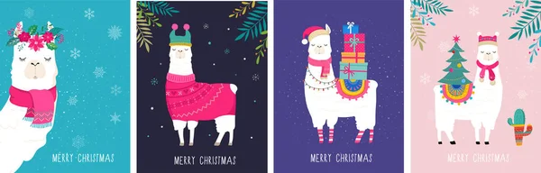 Llama vinter illustration, söt design för plantskola, affisch, God jul, födelsedagskort — Stock vektor