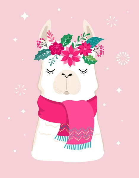 Llama winter illustration, cute design for nursery, poster, Merry christmas, birthday greeting card