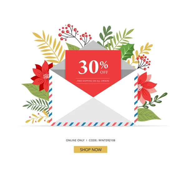 Promo Noël, bannière Nouvel An, Vente affiche et dépliant avec enveloppe, lettre pour le Père Noël — Image vectorielle