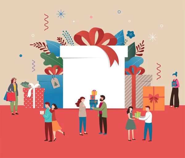 Promo Weihnachten, Neujahrsbanner, Verkaufsposter und Flyer mit riesigen Geschenkboxen und kleinen Menschen, Männer und Frauen — Stockvektor