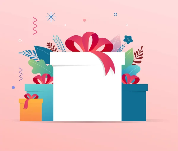 Promozionale Natale, Capodanno banner, Vendita poster e volantino con scatole regalo e decorazioni natalizie — Vettoriale Stock