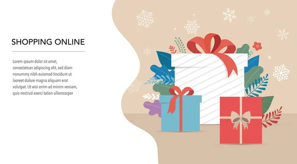 Promo Kerstmis, Nieuwjaar banner, verkoop poster en flyer met geschenkdozen en Xmas decoratie — Stockvector