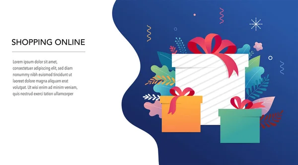 Promo Noël, bannière Nouvel An, Affiche de vente et dépliant avec boîtes-cadeaux et décorations de Noël — Image vectorielle