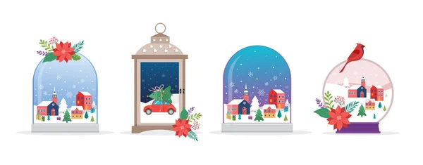 Boldog karácsonyt, téli csodaország jelenetek hó gömbök, koncepció vektoros illusztráció gyűjteménye — Stock Vector