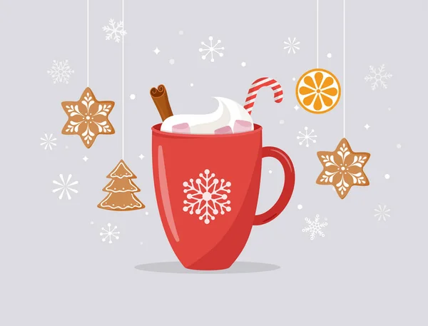 Frohe Weihnachten, Winterszene mit einem großen Kakao-Becher und hausgemachten Lebkuchen, Vektorkonzept-Illustration — Stockvektor