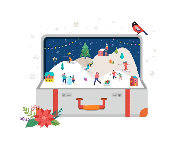 圣诞快乐, 大打开的手提箱与冬季场景和小的人, 年轻的男人和女人, 家庭在雪, 滑雪, 滑雪板, 雪橇, 滑冰。概念向量例证 — 图库矢量图片