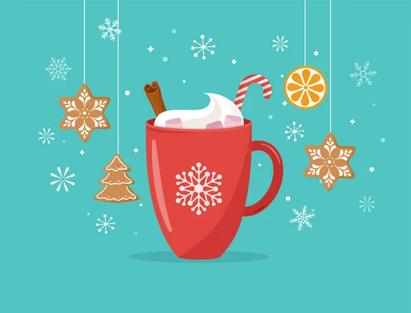 Navidad, escena de invierno con una taza de cacao grande y pan de jengibre casero, ilustración del concepto del vector — Archivo Imágenes Vectoriales