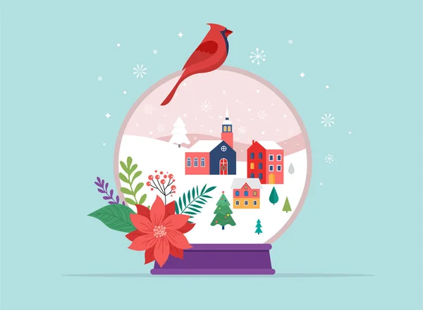 Buon Natale, Scene del paese delle meraviglie invernali in un globo di neve, concept vector illustration — Vettoriale Stock