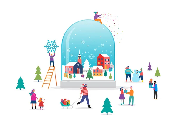 Joyeux Noël, Scène des merveilles hivernales dans une boule à neige avec des petits, des jeunes hommes et femmes, des familles qui s'amusent dans la neige, le ski, le snowboard, la luge, le patin à glace, l'illustration vectorielle concept — Image vectorielle