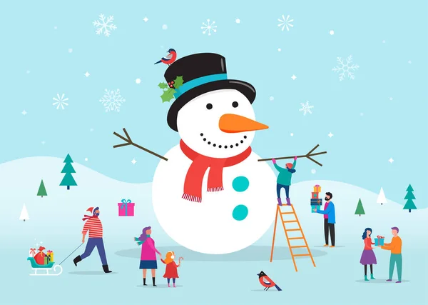 Buon Natale, sfondo, striscione con un enorme pupazzo di neve e piccole persone, giovani uomini e donne, famiglie che si divertono sulla neve — Vettoriale Stock
